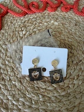 Gold-tone Square Earrings with Black Stones - NWT -